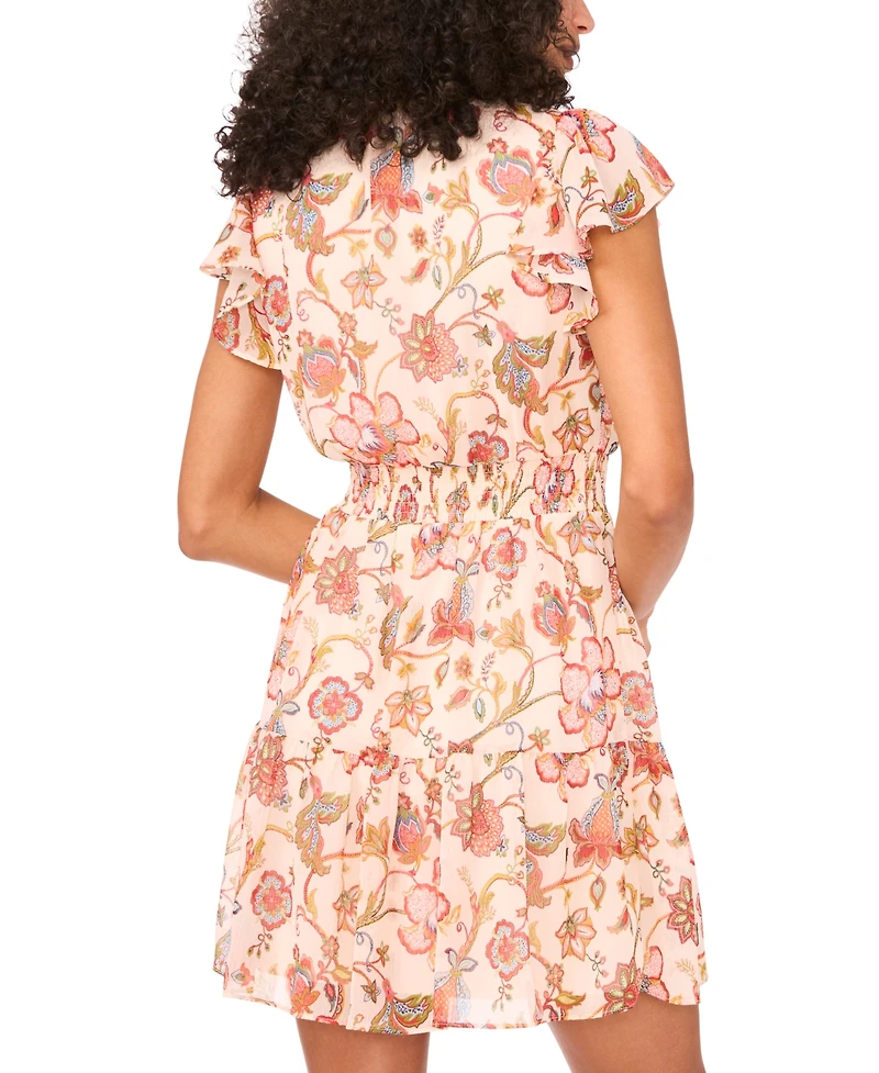 Msk Petite Floral-Print Flutter-Sleeve Smocked-Waist Dress