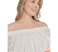 Eliza J Plus Eyelet Off-The-Shoulder Belted Midi Dress