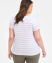 Style & Co Plus Stripe Button-Trim T-Shirt, Exclusively at Macy's