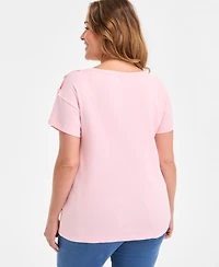 Style & Co Plus Crewneck Button-Trim-Shoulder Cotton Top, Exclusively at Macy's