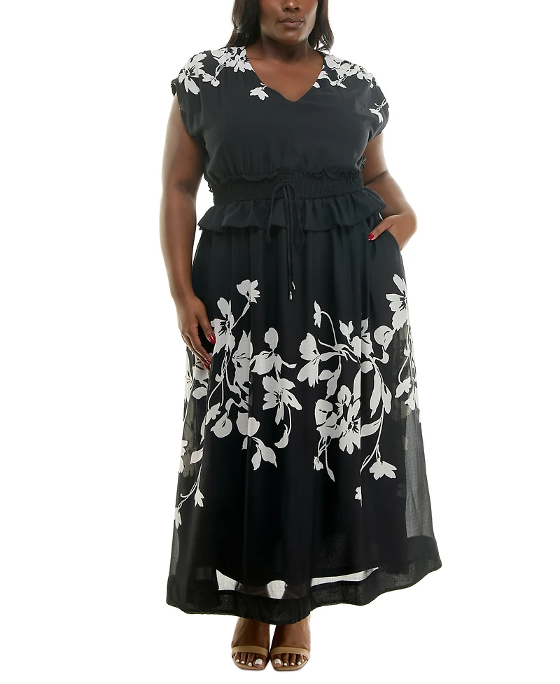 Taylor Plus Size Printed V-Neck Smocked-Waist Maxi Dress