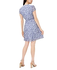 Msk Petite Printed Tie-Waist Short-Sleeve Dress