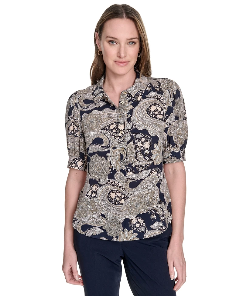 Tommy Hilfiger Women's Printed Point Collar Puff-Sleeve Blouse