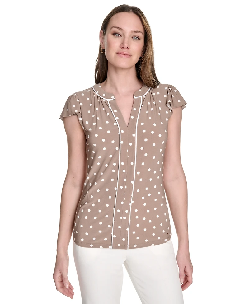 Tommy Hilfiger Women's Dot-Print Split-Neck Flutter-Sleeve Top