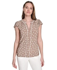 Tommy Hilfiger Women's Dot-Print Split-Neck Flutter-Sleeve Top
