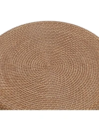 LuxenHome Black with Natural Rattan Finish Cement U-Shaped Base Outdoor Patio Side Table
