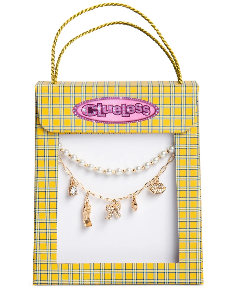Clueless Gold-Tone Crystal Charm & Imitation Pearl Beaded Layered Statement Necklace, 16" + 3" extender