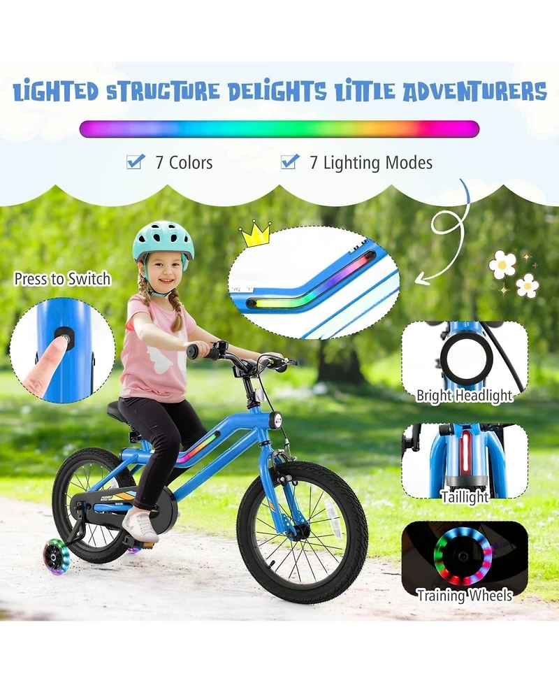 16-Inch Kids Bike with Led Lights, Adjustable Seat, and Training Wheels, Lightweight for Ages 4-8