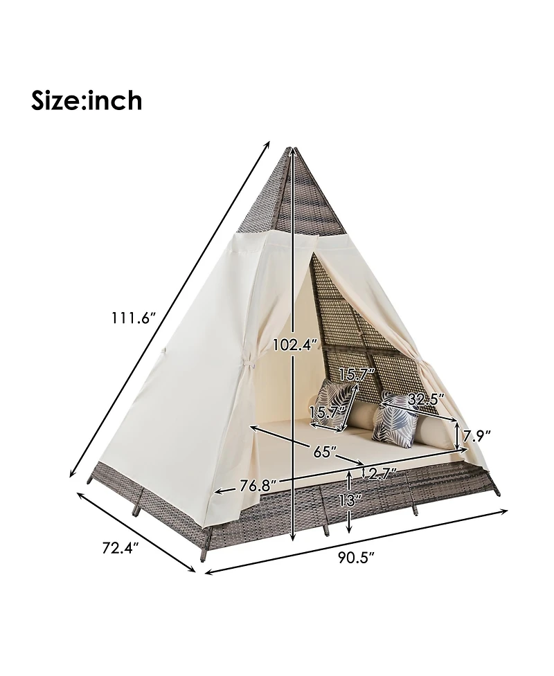 Streamdale 90.5" Length Outdoor Sunbed With Colorful Pillows, Wicker Patio Daybed With Cushions, Tent Shape, Brown and Beige
