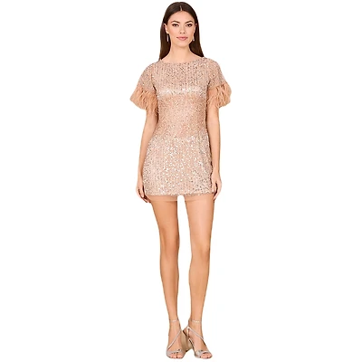 Lara Women's Short Sleeve Cocktail Dress with Feathers