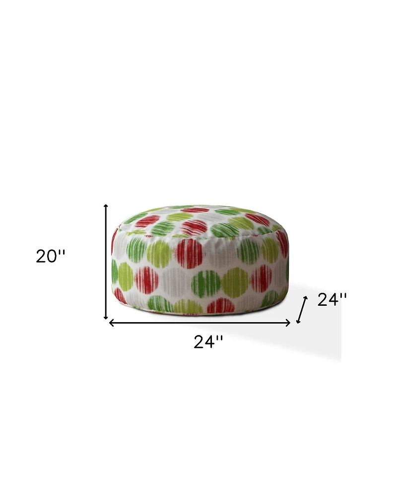 24" Green and White Cotton Round Polka Dots Pouf Ottoman