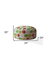24" Green and White Cotton Round Polka Dots Pouf Ottoman
