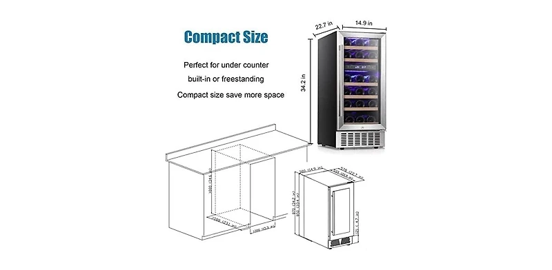 Zafro 15" Under Counter Beverage Refrigerator with Dual Zone Temperature Control, Freestanding or Built-in, Stainless Steel Finish, Double-Layer Tempe
