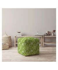 17" Green and White Cotton Damask Pouf Ottoman