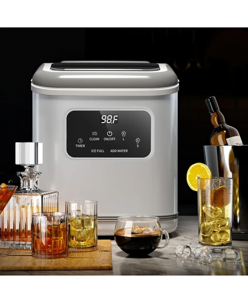 Zafro Countertop Ice Maker produces lbs of ice daily, featuring an Led display, timer, self-cleaning function, and a portable handle. Its compact desi