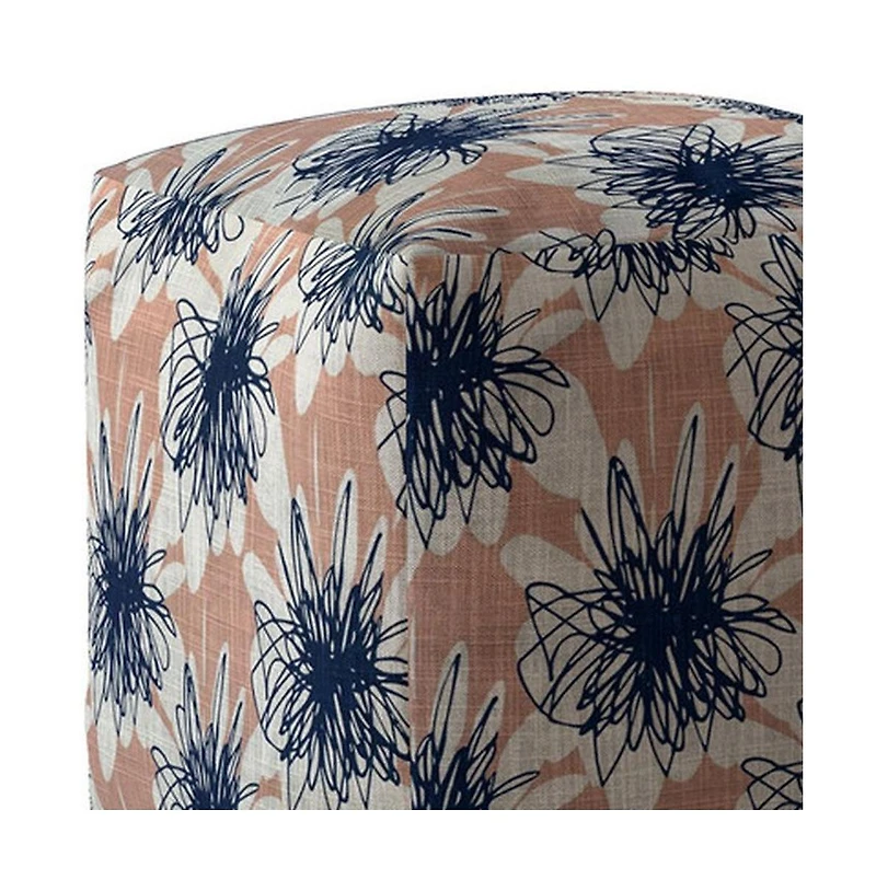 17" Pink and Blue Canvas Floral Pouf Ottoman