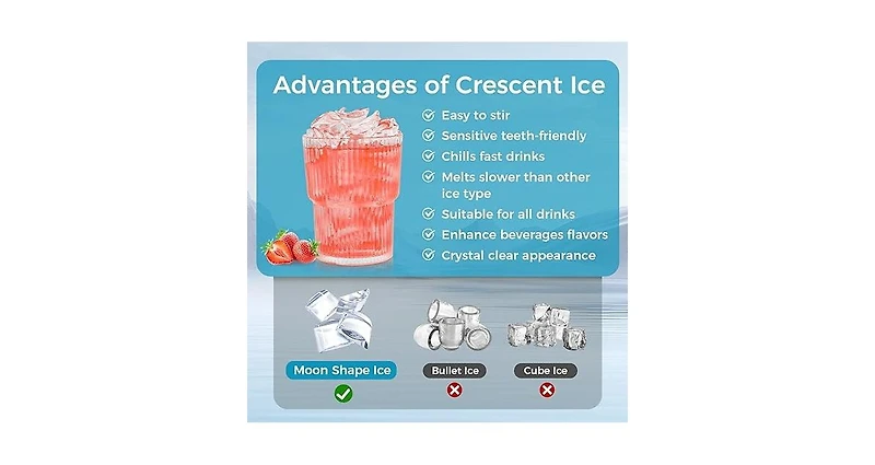 Zafro moon-shaped ice maker can produce 100 pounds of ice per day and has a storage capacity of 28 pounds. It features a two-way water filling system,
