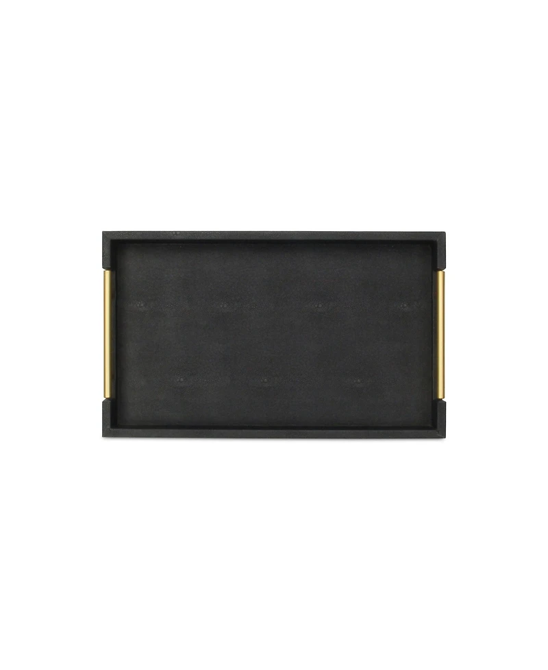 Wood and Vinyl Faux Shagreen Serving Tray with Handles for Dining and Decor