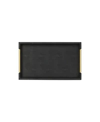 Wood and Vinyl Faux Shagreen Serving Tray with Handles for Dining and Decor