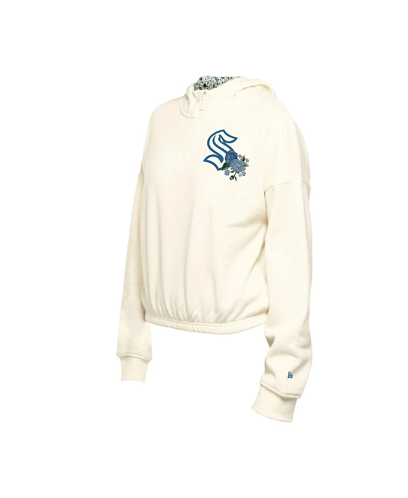 New Era Women's Cream Seattle Kraken Glam Game Quarter-Zip Cropped Floral Pullover Hoodie