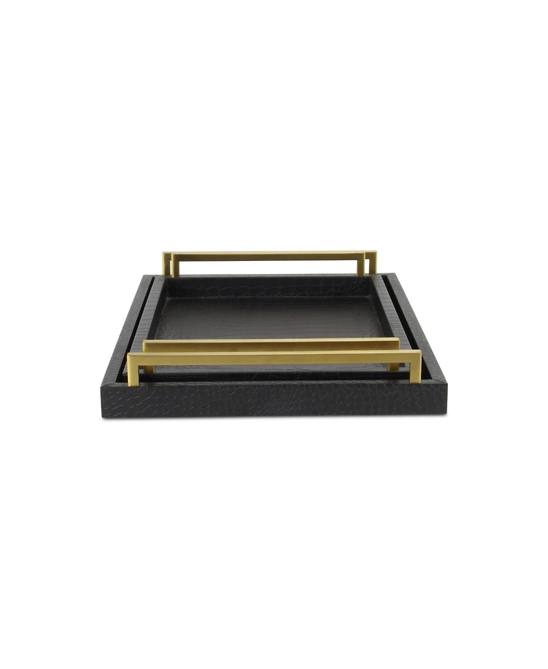 Set of Two Wood Serving Trays with Faux Croc Texture and Handles