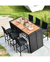 7 Pcs Patio Rattan Wicker Bar Dining Furniture Set wood Table Top 6 Stools