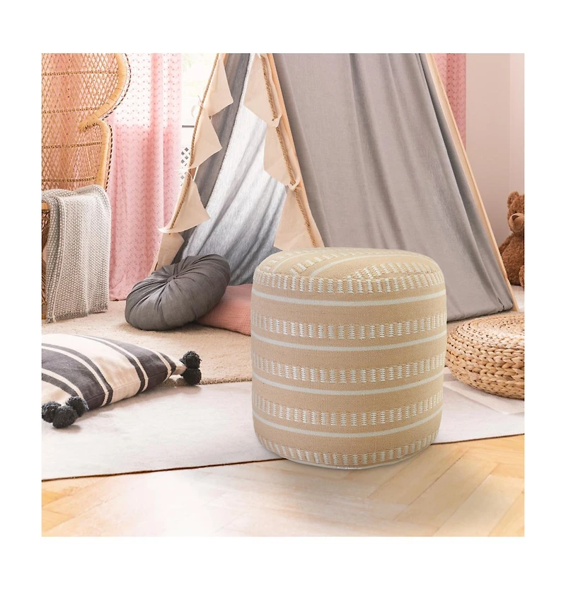 Striped Round Polyester Pouf Ottoman for Patio and Home Decor