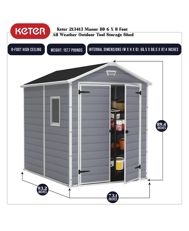Keter 213413 Manor 6 X 8 Foot Resin All Weather Outdoor Tool Storage Shed, Grey