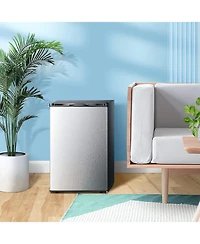 Zafro 3.0 Cu.ft upright mini freezer with adjustable thermostat, removable shelves, and reversible door. Ideal for bedrooms, homes, dorms, or apartmen