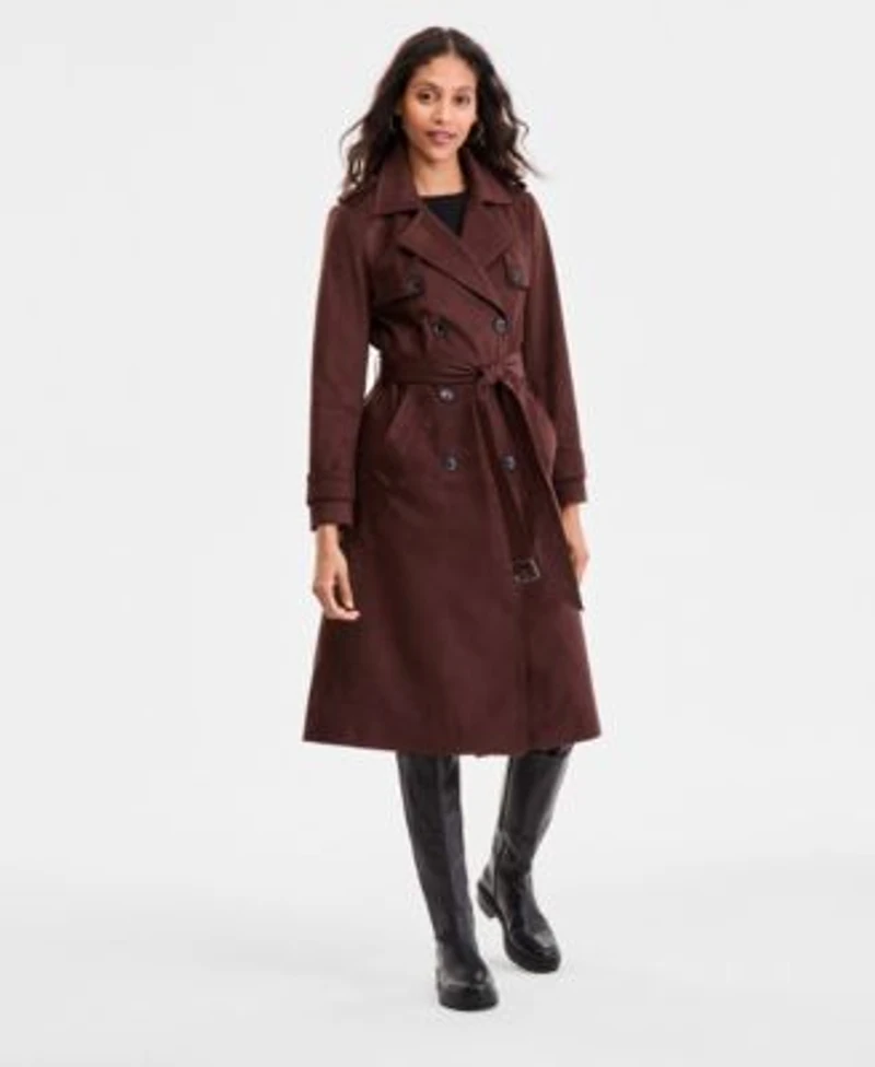 Bcbgmaxazria Womens Double Breasted Faux Suede Belted Trench Coat P Xxs Xxl