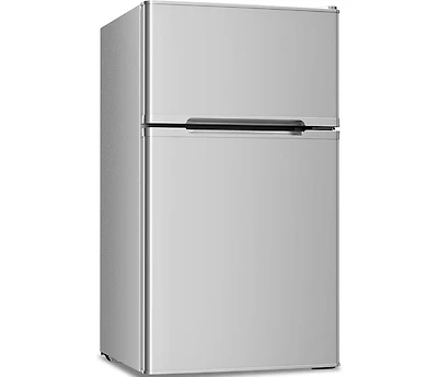 Zafro 3.2 cubic foot mini fridge with separate freezer compartment and double door design is perfect for a basement, apartment