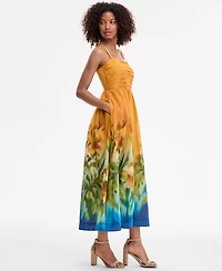 Tahari Asl Women's Ruched-Bodice Border-Print Midi Dress