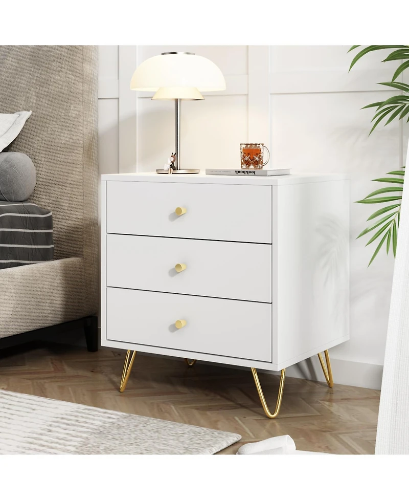 Bedside table with three drawers, side table with gold handles and feet, white wooden end table, suitable for bedrooms, living rooms, offices