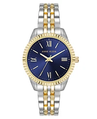 Anne Klein Women's Quartz Coin Edge Two-Tone Metal Alloy and Navy Dial Watch, 30mm