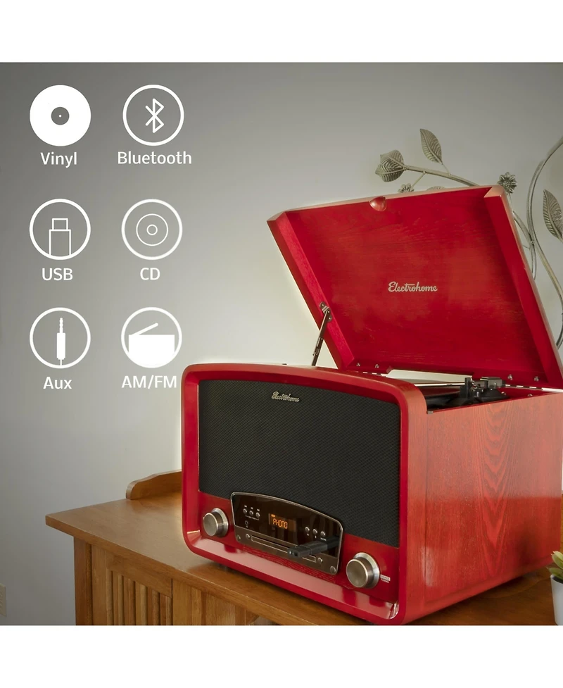 Electrohome Kingston 7-in-1 Vintage Vinyl Record Player Stereo System with 3-Speed Turntable, Bluetooth, Am/Fm Radio, Cd, Aux In, Rca/Headphone Out