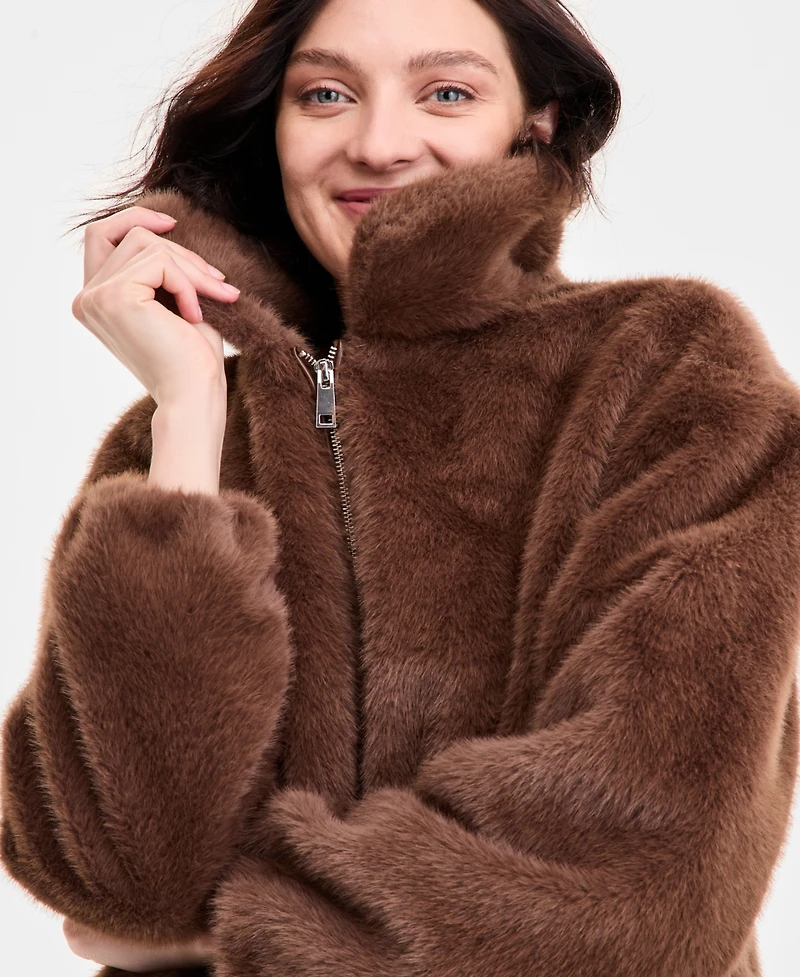 CeCe Petite Zip-Front Faux-Fur Bomber Jacket