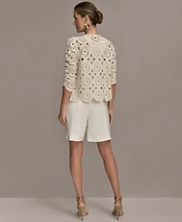 Donna Karan New York Womens Crochet Cardigan Linen Blend Shorts
