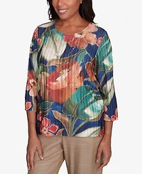 Alfred Dunner Women's Summer Solstice Dramatic Summer Floral Crew Neck Top