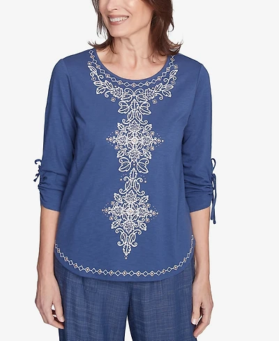Alfred Dunner Women's Summer Solstice Embroidery Centered Tie Sleeve Top