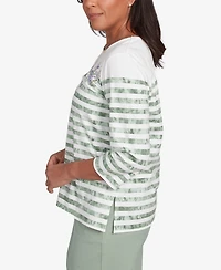 Alfred Dunner Women's Santa Fe Tie Dye Stripe Embroidered Crew Neck Top