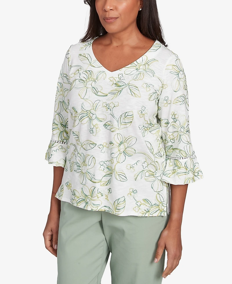 Alfred Dunner Women's Santa Fe Embroidered Floral Vines Cotton Top