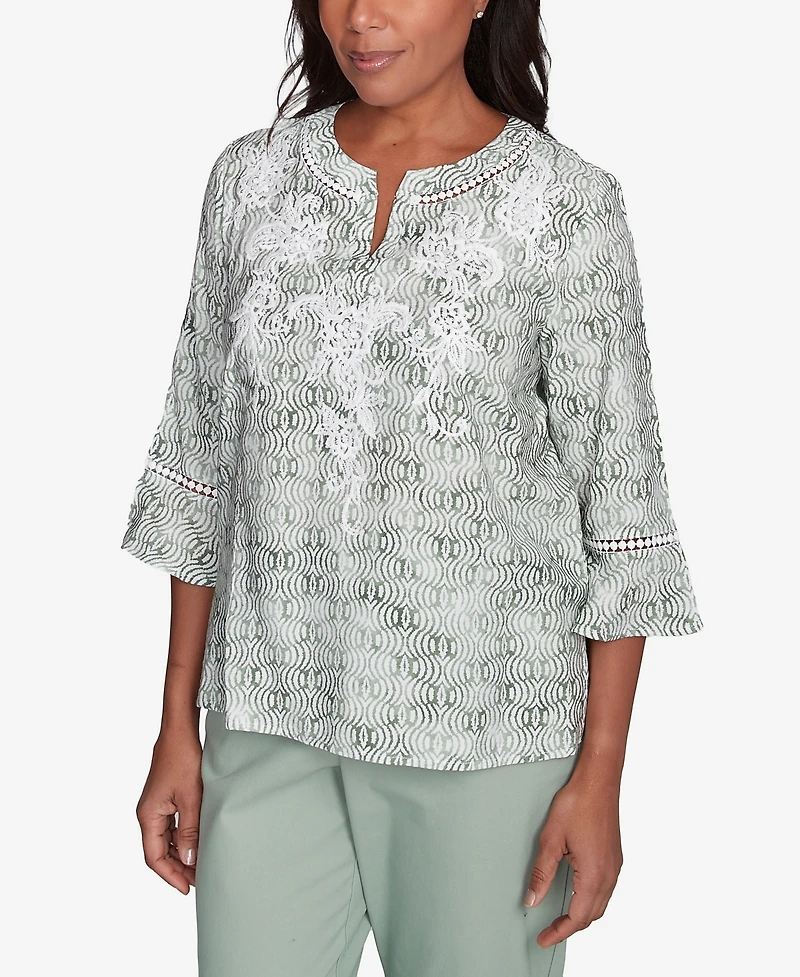 Alfred Dunner Women's Santa Fe Embroidered Geometric Flare Sleeve Top
