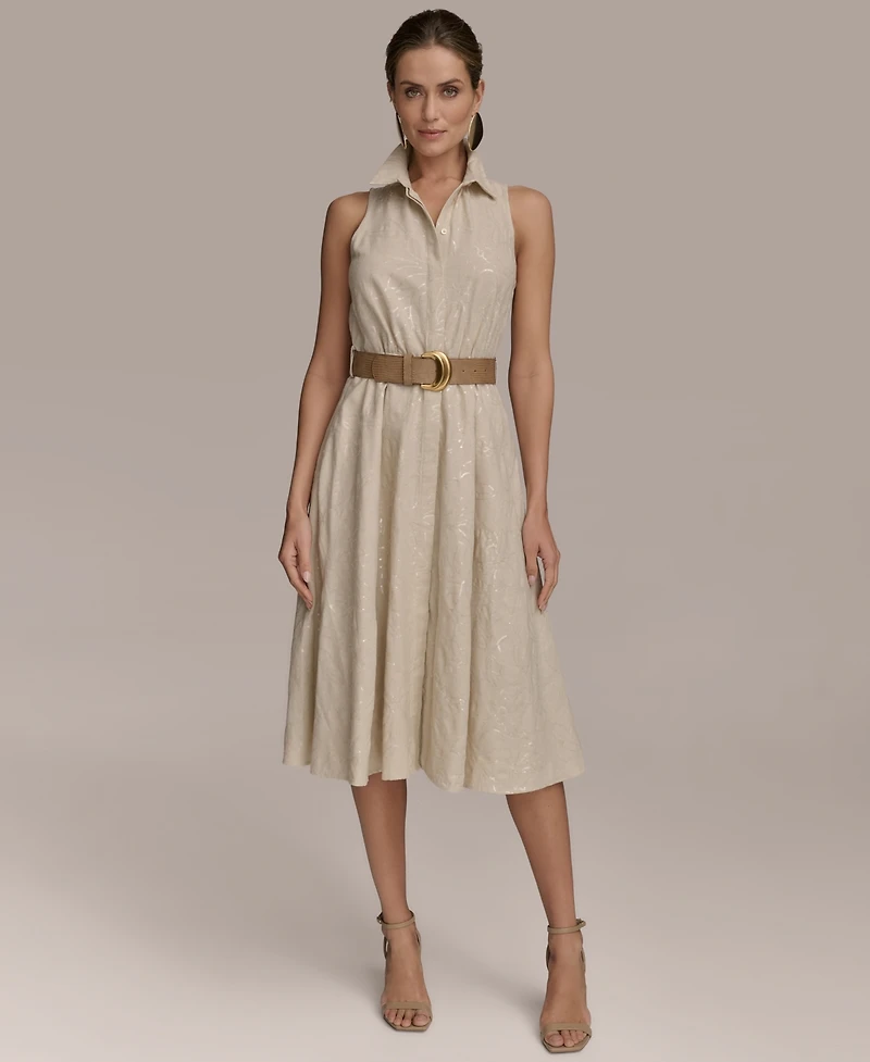 Donna Karan New York Women's Sequin Embellished Linen Belted Shirtdress