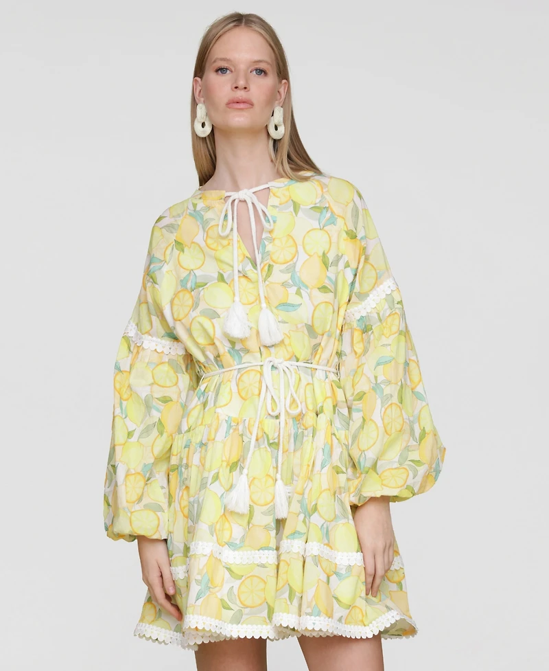 Avec Les Filles Women's Cotton Lemon-Print Split-Neck Prairie Mini Dress