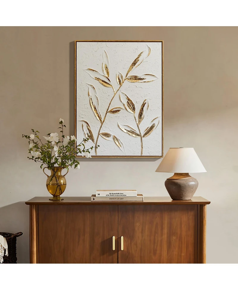 LuxenHome White with Gold Flower Canvas Framed Wall Decor
