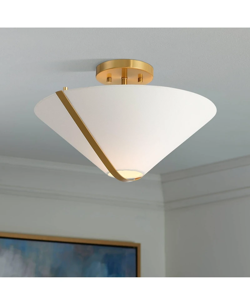Possini Euro Design Oracle 16" Modern Art Deco Semi Flush-Mount Ceiling Light Fixture Kitchen Foyer Warm Brass Finish Linen