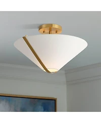 Possini Euro Design Oracle 16" Modern Art Deco Semi Flush-Mount Ceiling Light Fixture Kitchen Foyer Warm Brass Finish Linen
