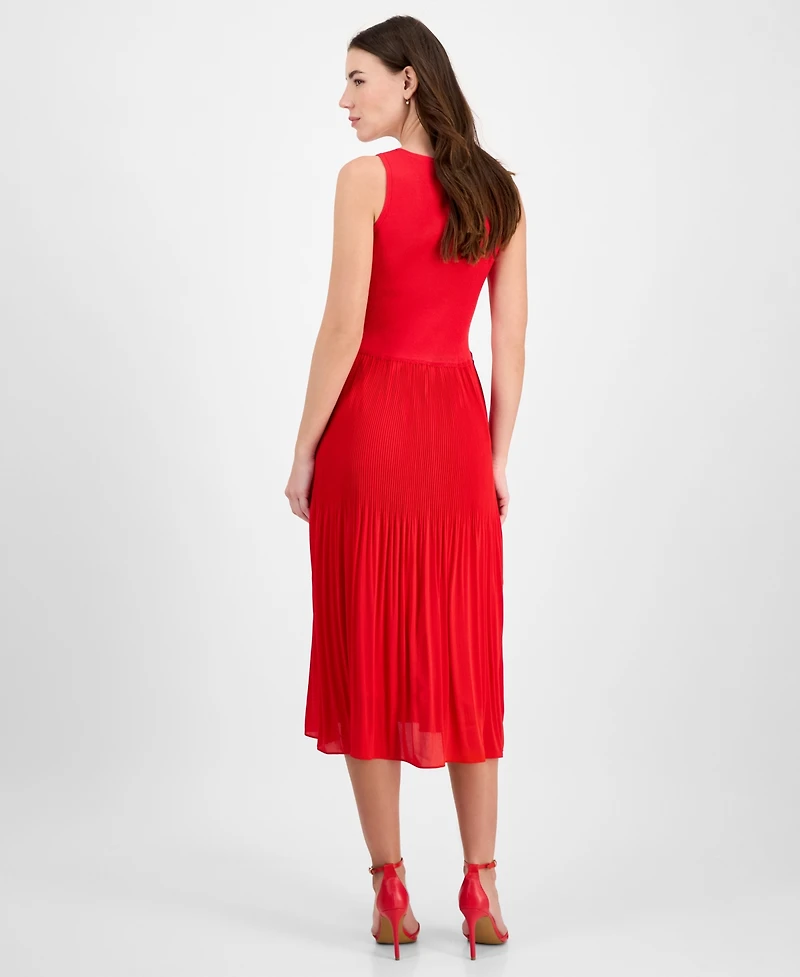 T Tahari Women's Ribbed Pleated Sleeveless Fit & Flare Dress
