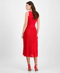 T Tahari Women's Ribbed Pleated Sleeveless Fit & Flare Dress