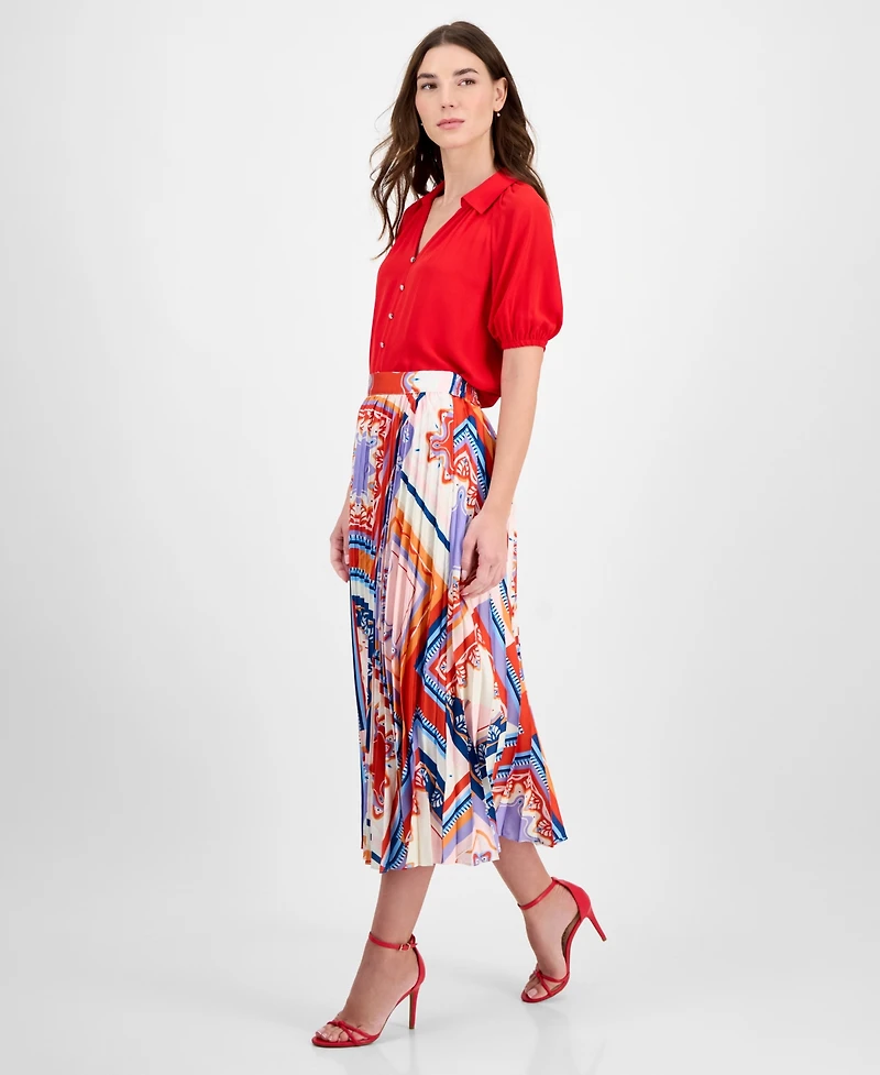 T Tahari Women's Printed Pleated Pull-On Midi Skirt